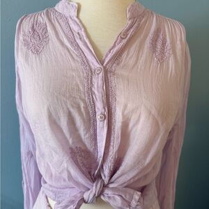 Pink Long Sleeve Button Down Shirt with Tie Front
